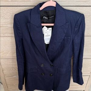 NWT Zara Women's Dark Blue LINEN Double-Breasted Blazer and pants SUIT